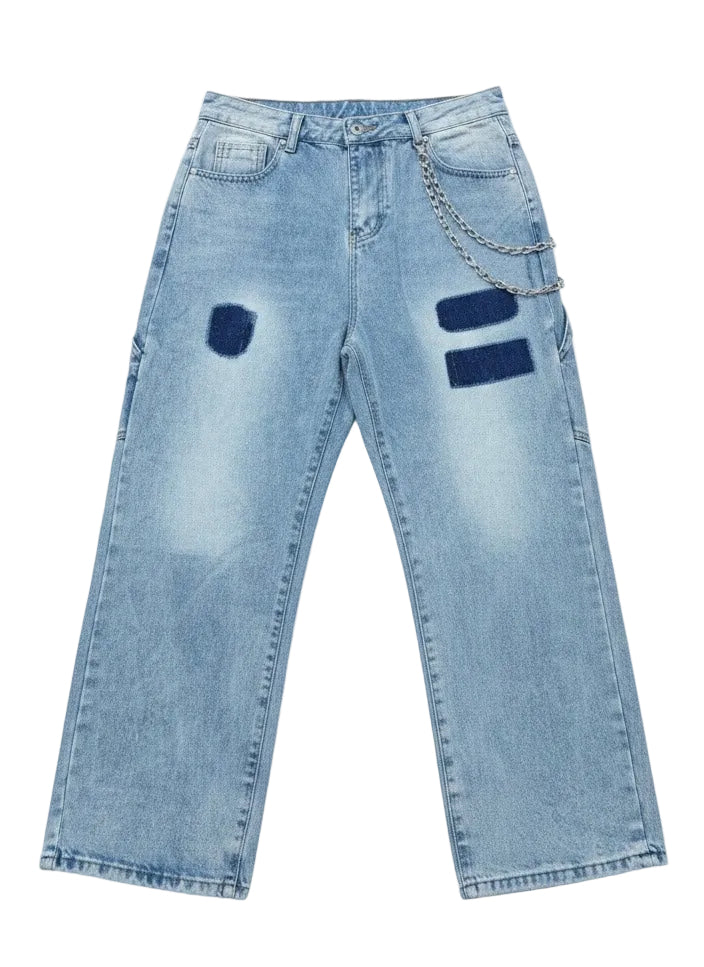 "Indigo Mosaic" Chain-Link Relaxed Jeans