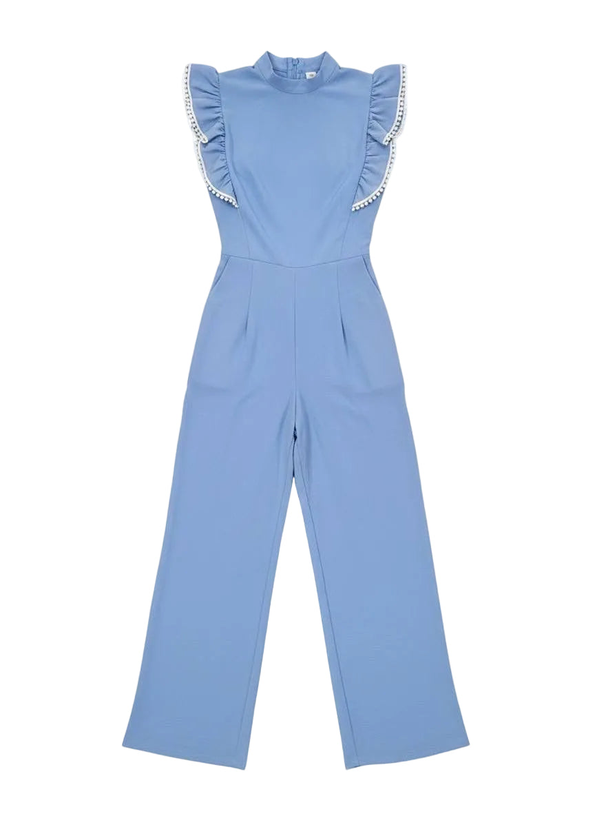 Azure Ruffle High-Neck Jumpsuit
