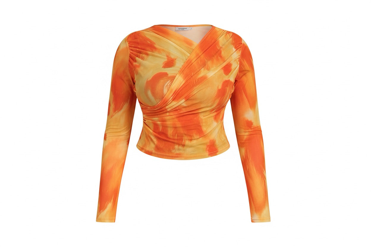 V-Neck Long-Sleeve Ruched crossover mesh top