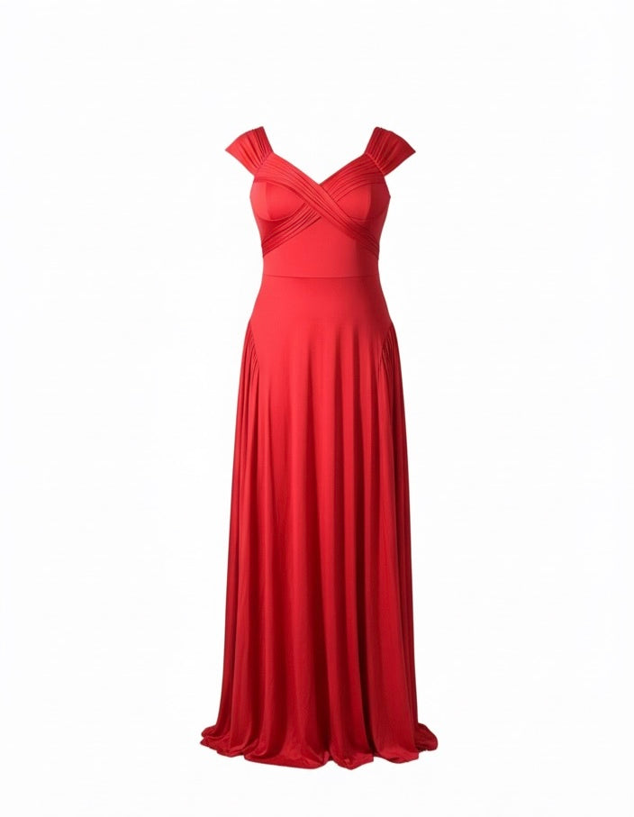 Elegant Scarlet Cap-Sleeve Ruched Maxi Dress