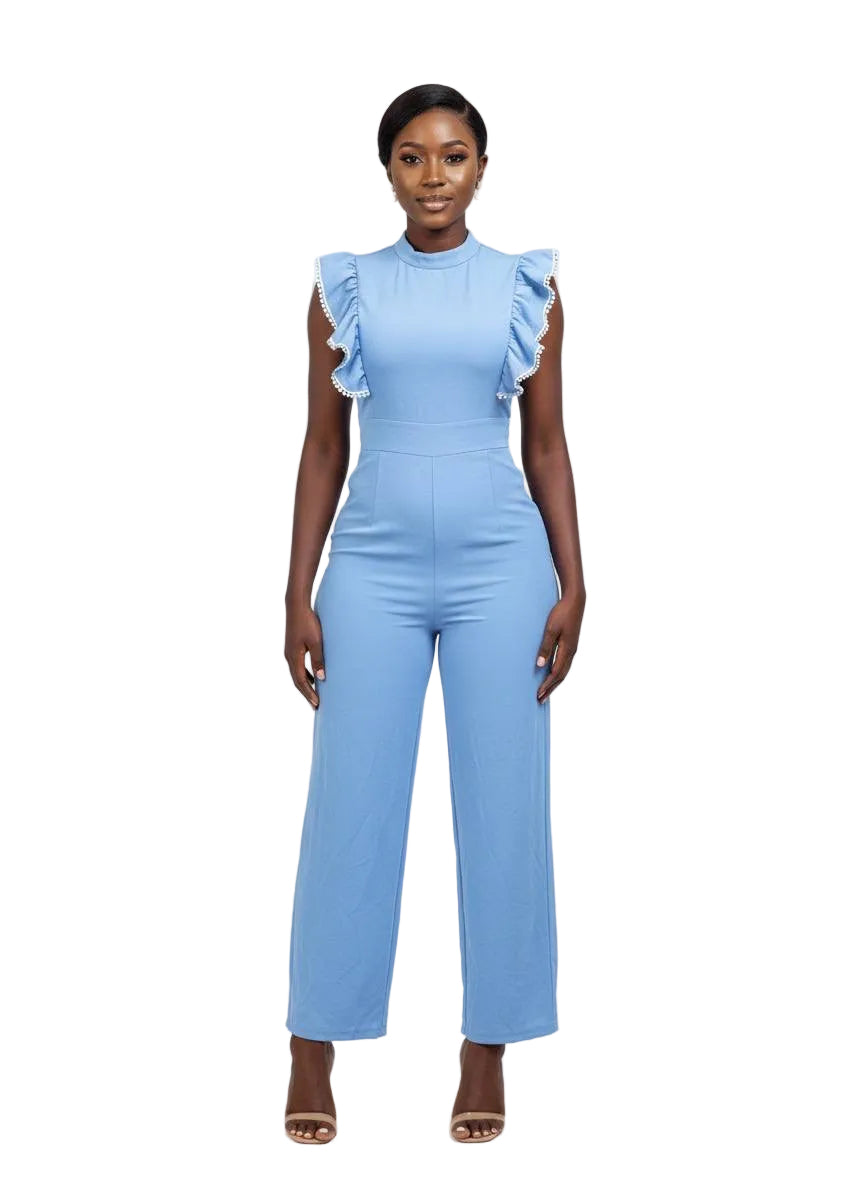 Azure Ruffle High-Neck Jumpsuit