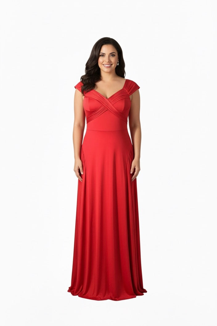 Elegant Scarlet Cap-Sleeve Ruched Maxi Dress