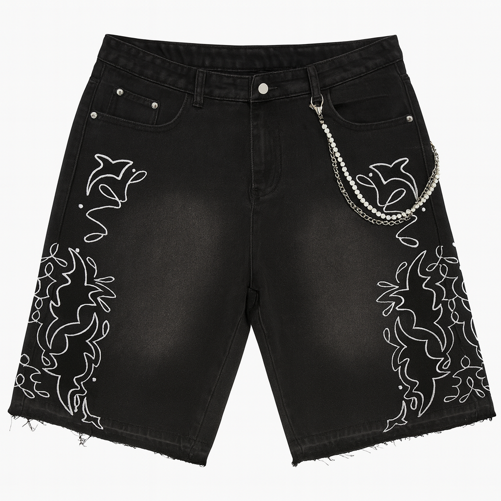 Flame Patterned Black Denim Shorts