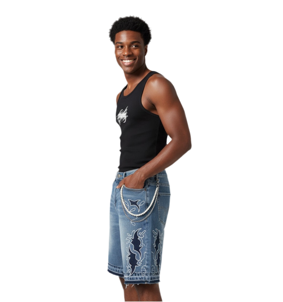 Navy Flame Gray Denim Shorts