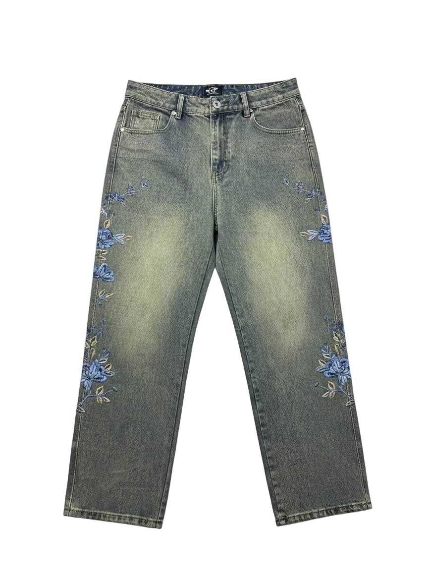 Blue Bloom Denim-Floral embroidered pair
