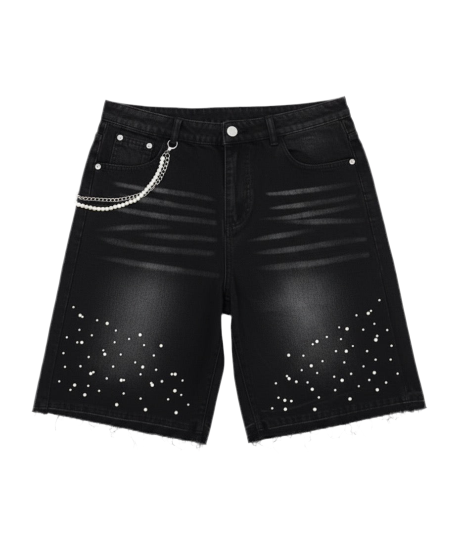 Black Pearl-Studded Denim Shorts