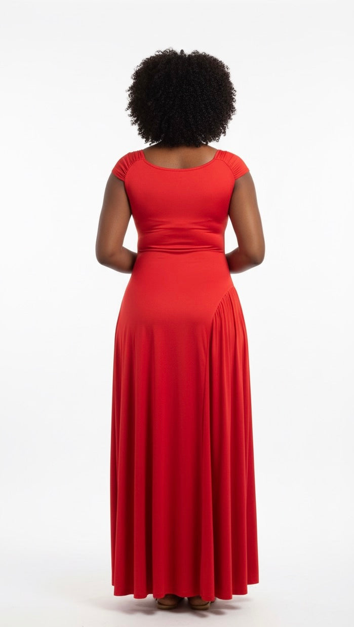 Elegant Scarlet Cap-Sleeve Ruched Maxi Dress