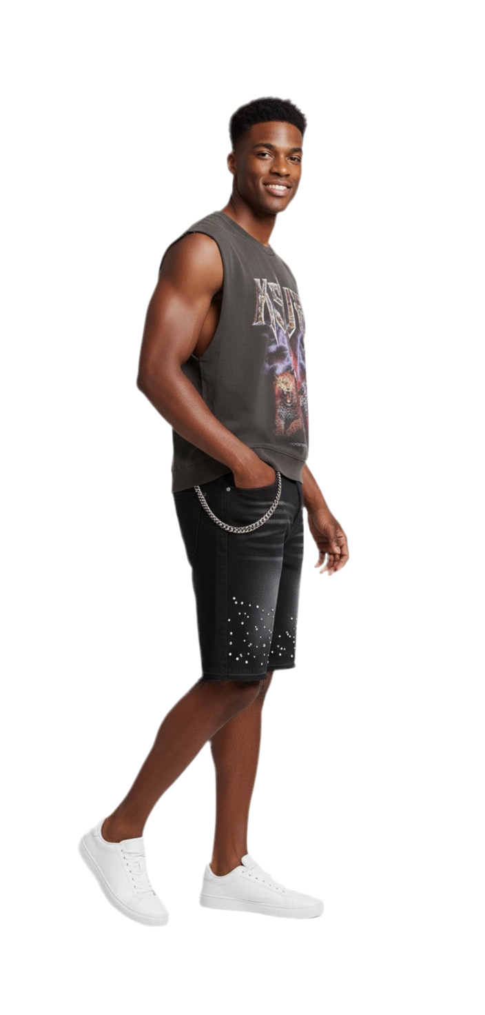 Black Pearl-Studded Denim Shorts