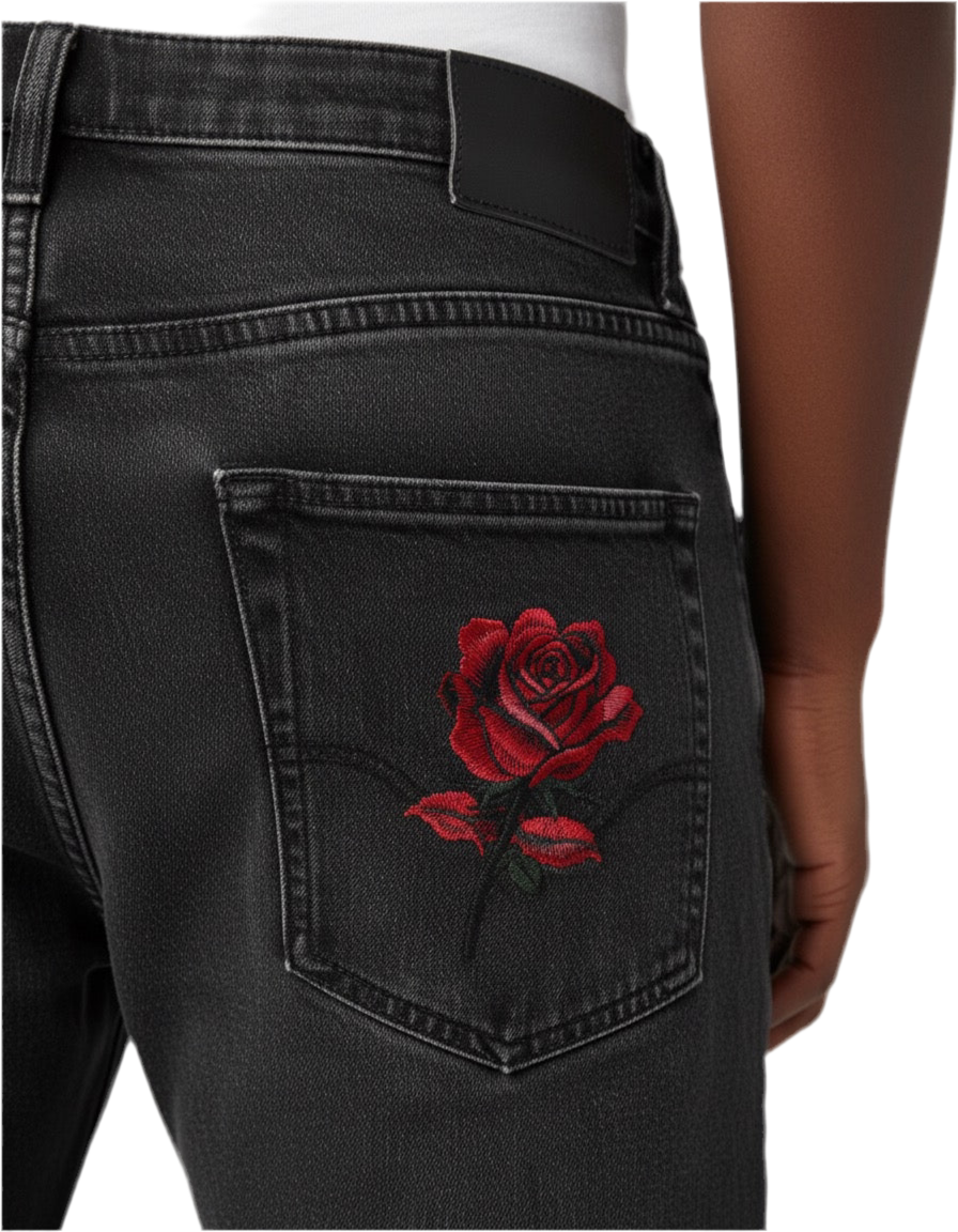 Rose Thorn Embroidered Black Denim Jeans