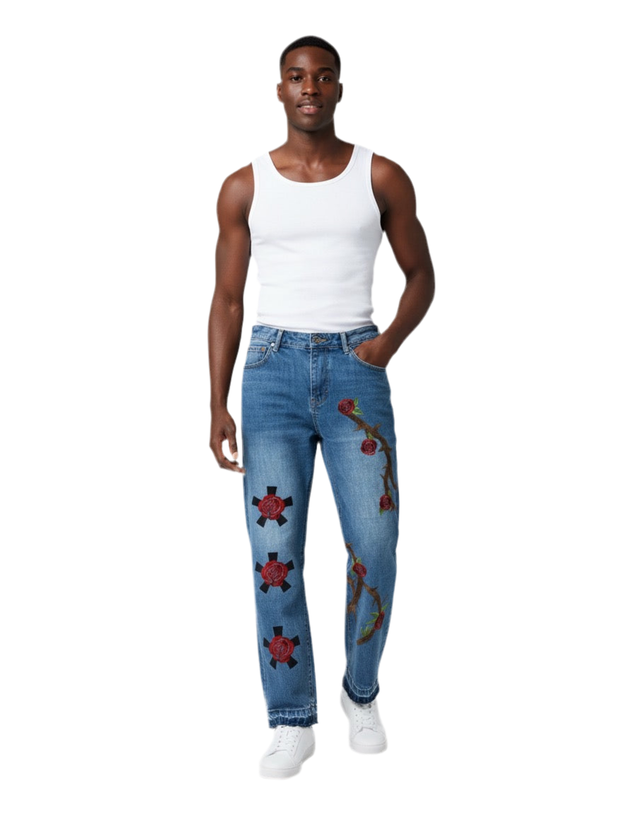 Rose Thorn Embroidered Blue Denim Jeans
