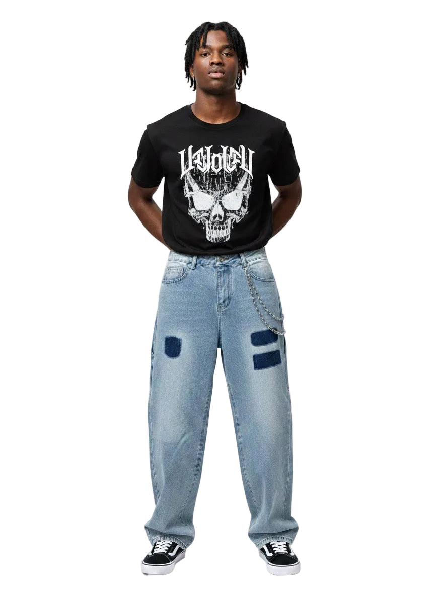 "Indigo Mosaic" Chain-Link Relaxed Jeans