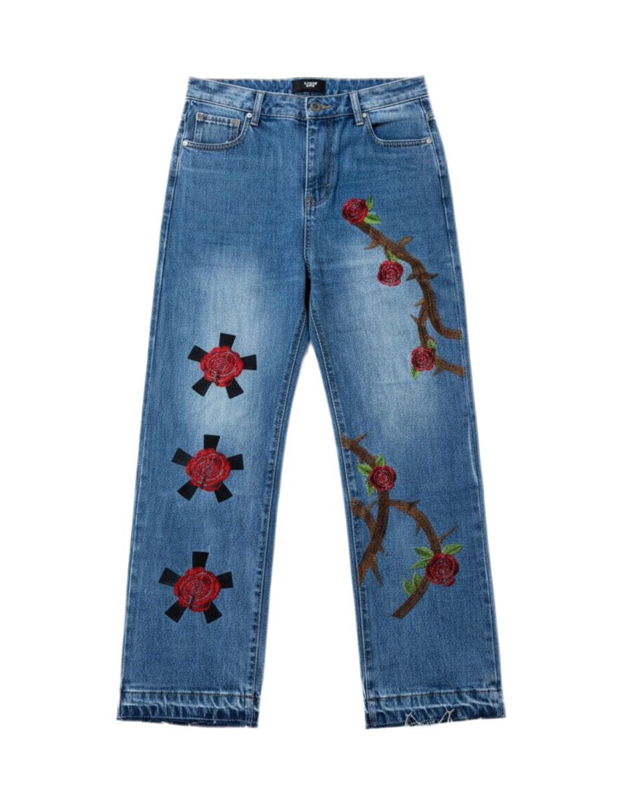 Rose Thorn Embroidered Blue Denim Jeans