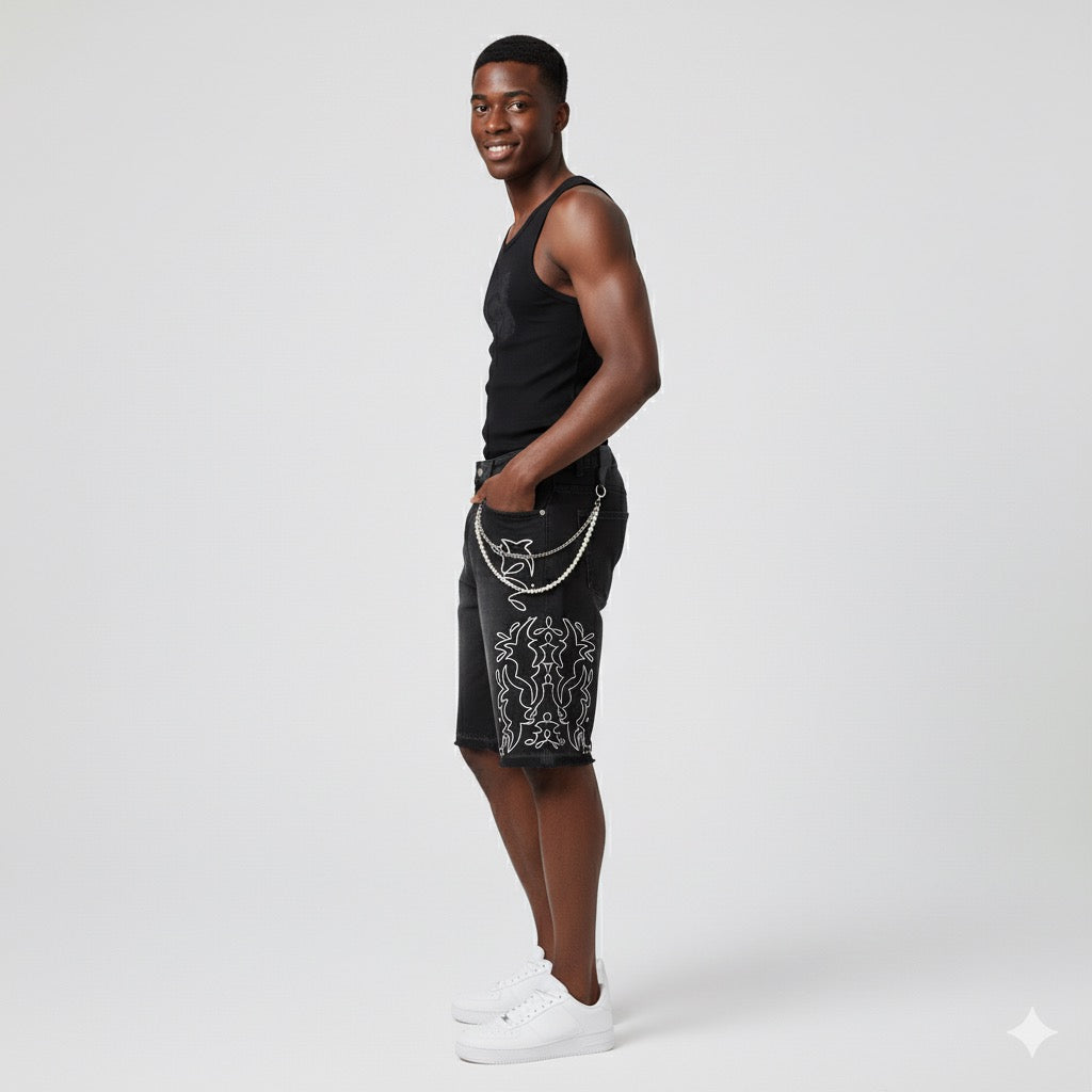 Flame Patterned Black Denim Shorts