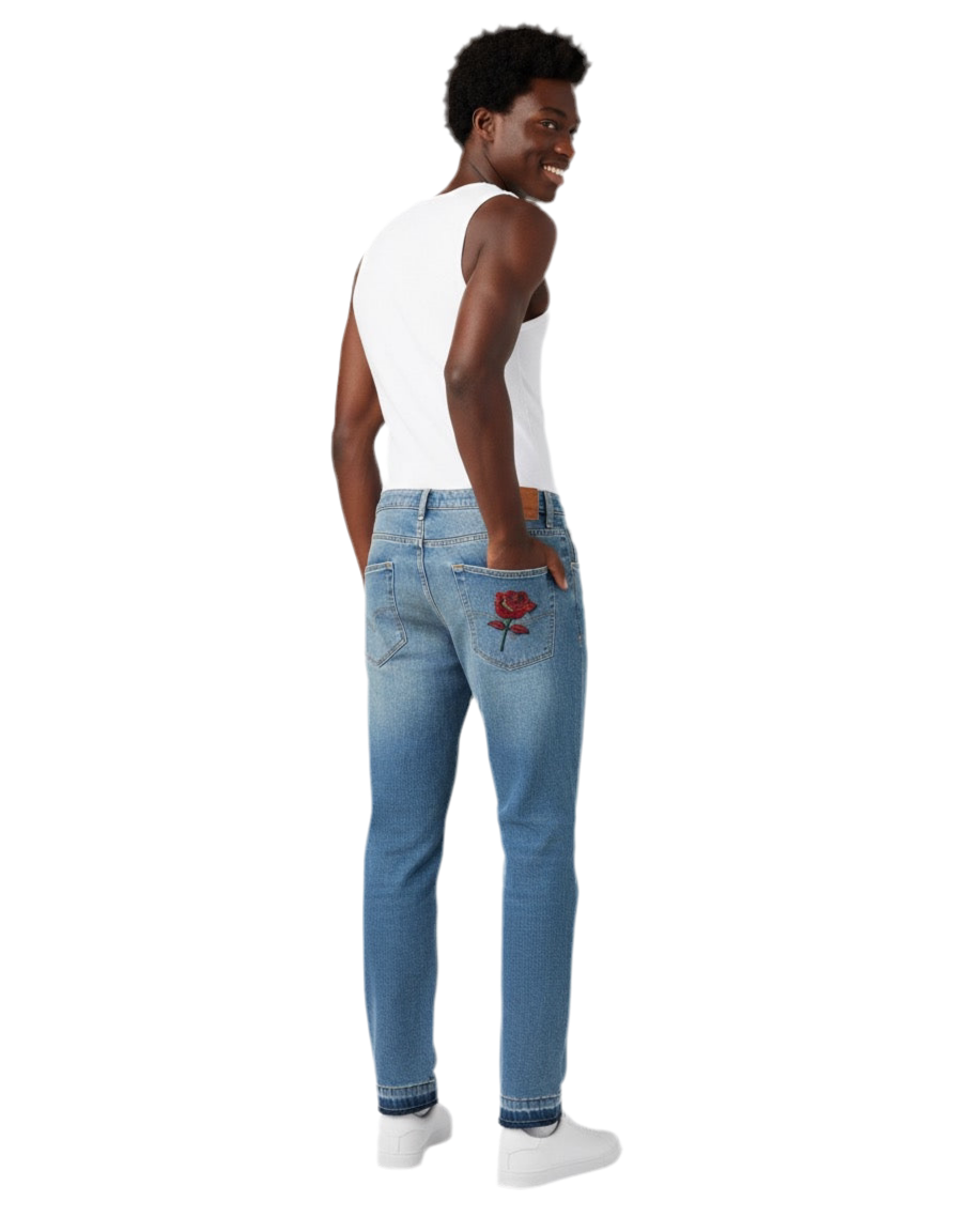 Rose Thorn Embroidered Blue Denim Jeans