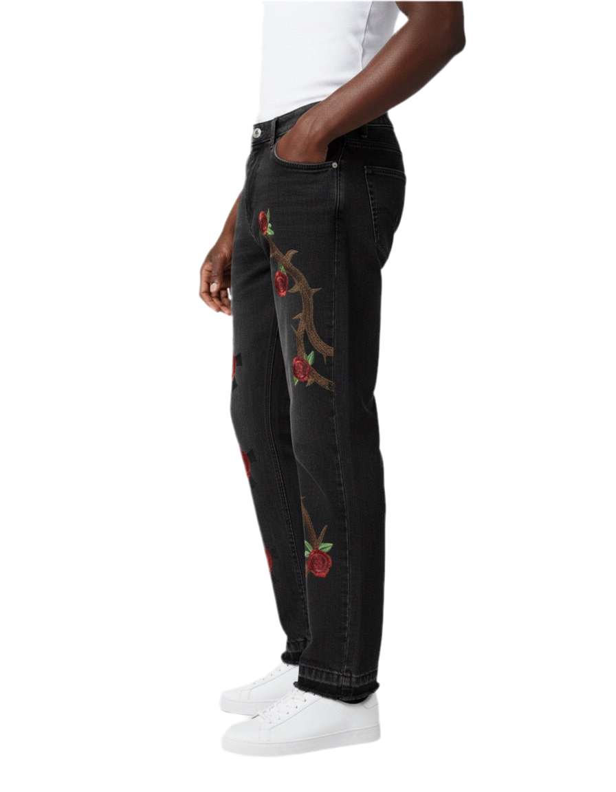 Rose Thorn Embroidered Black Denim Jeans