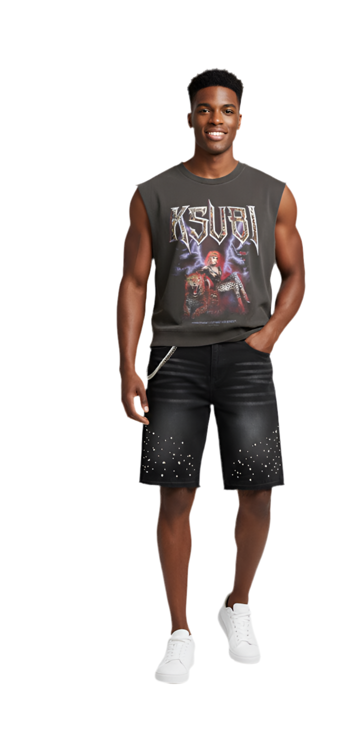 Black Pearl-Studded Denim Shorts