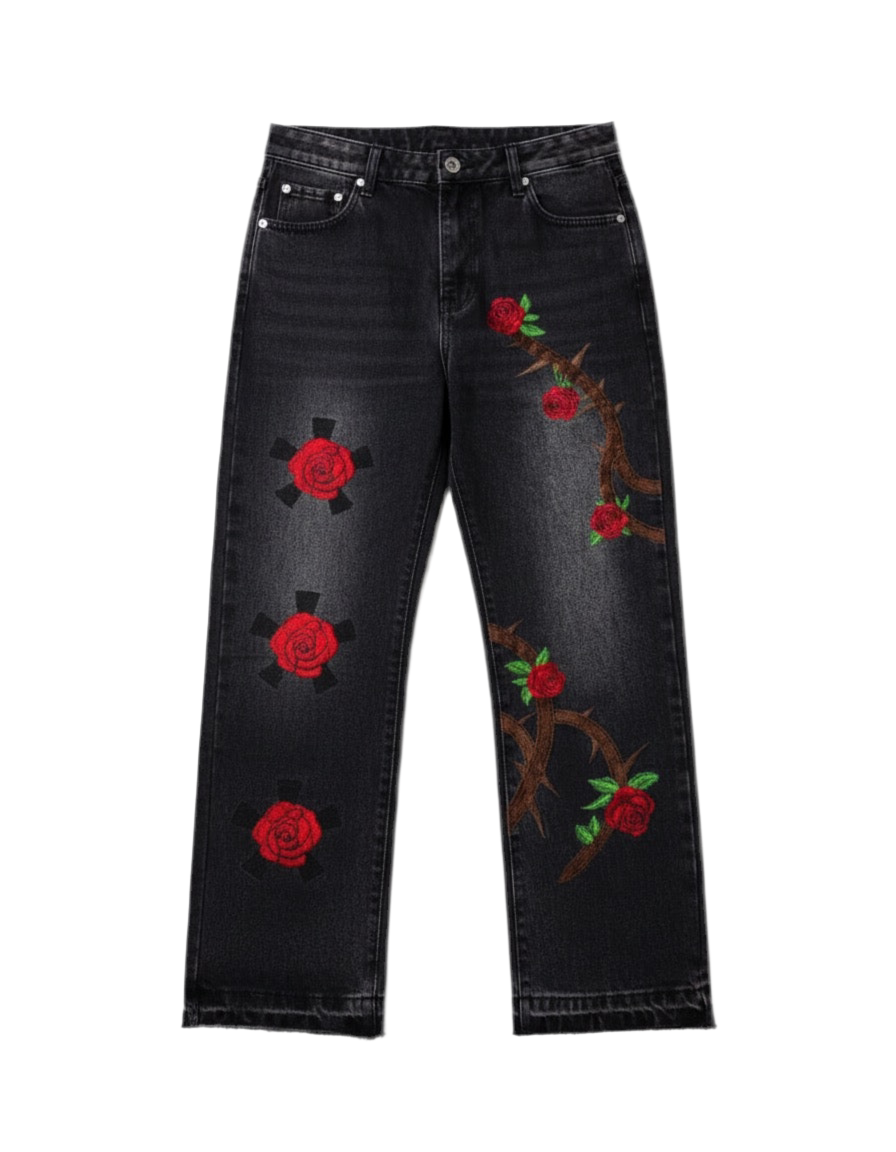 Rose Thorn Embroidered Black Denim Jeans
