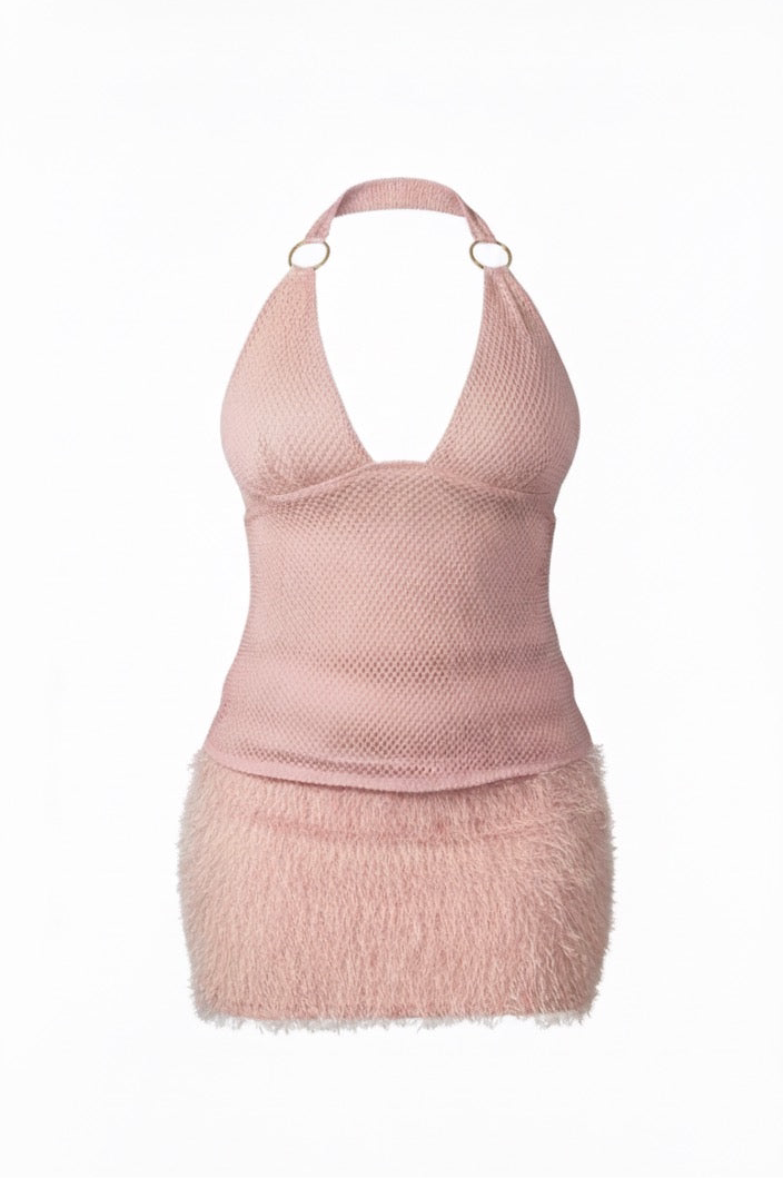 Ribbed Faux Fur Trim Halter-Neck Mini Dress