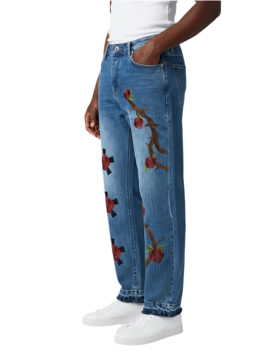 Rose Thorn Embroidered Blue Denim Jeans