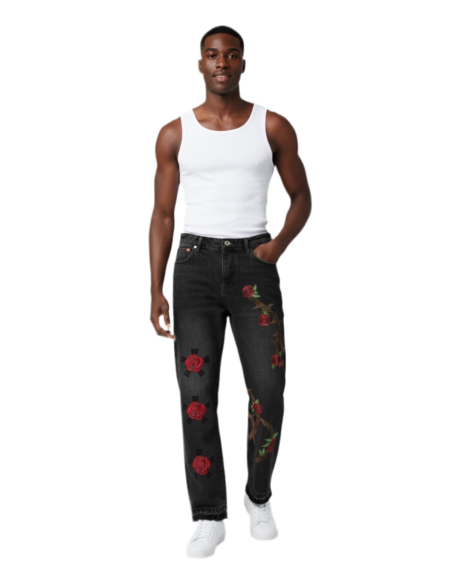 Rose Thorn Embroidered Black Denim Jeans