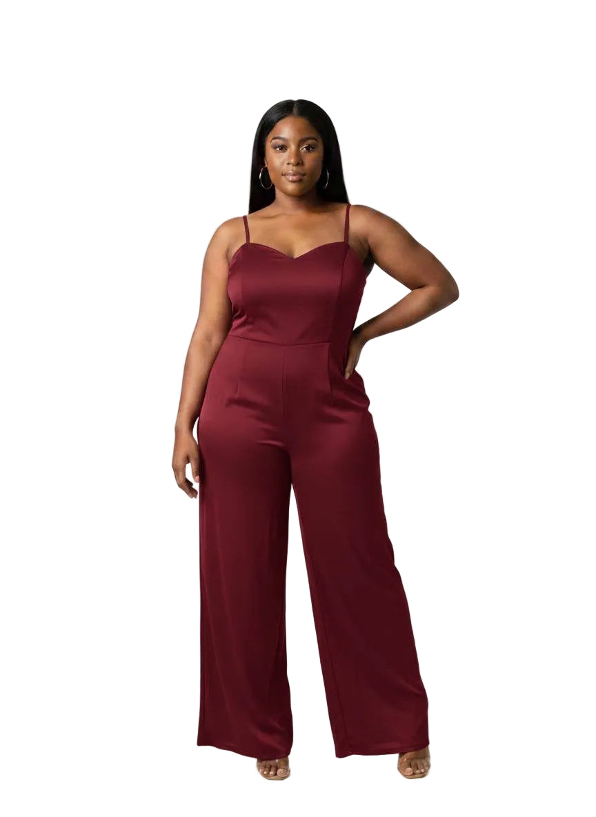 Burgundy Satin Wide-Leg Jumpsuit