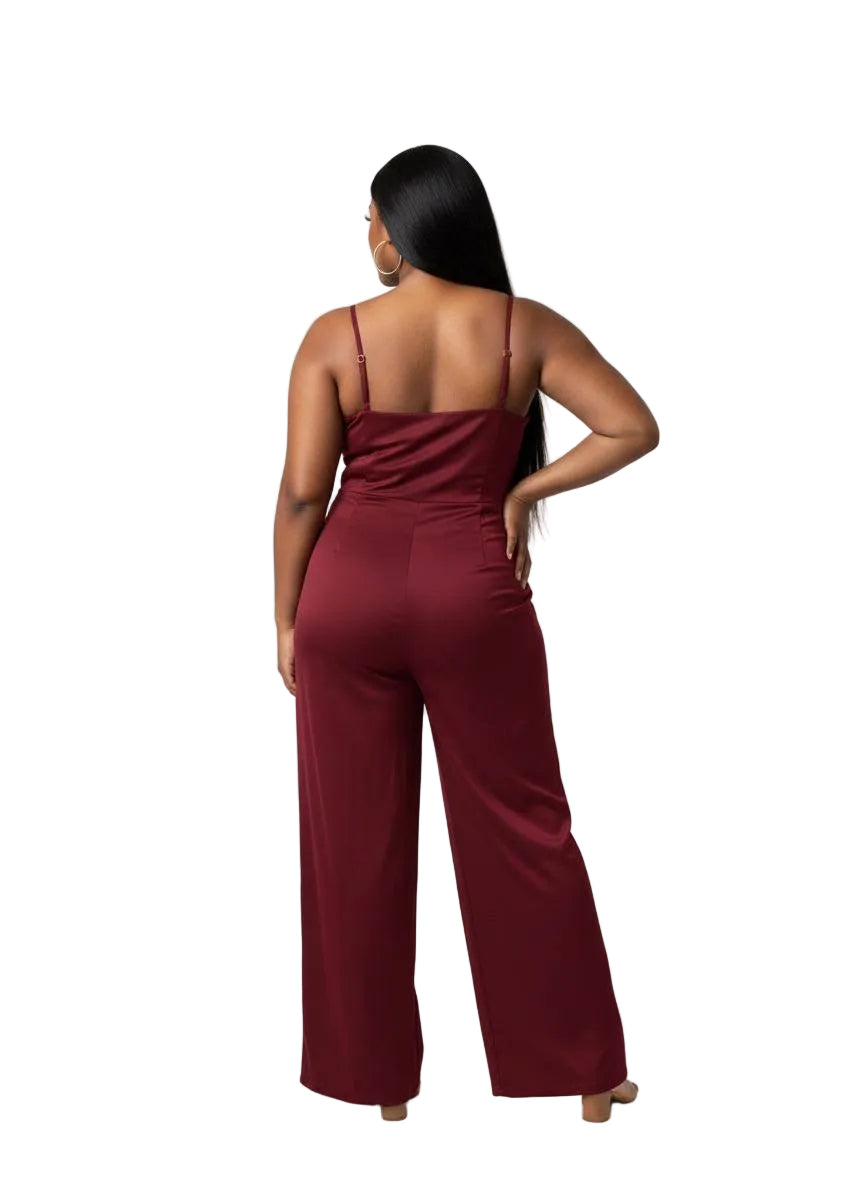 Burgundy Satin Wide-Leg Jumpsuit